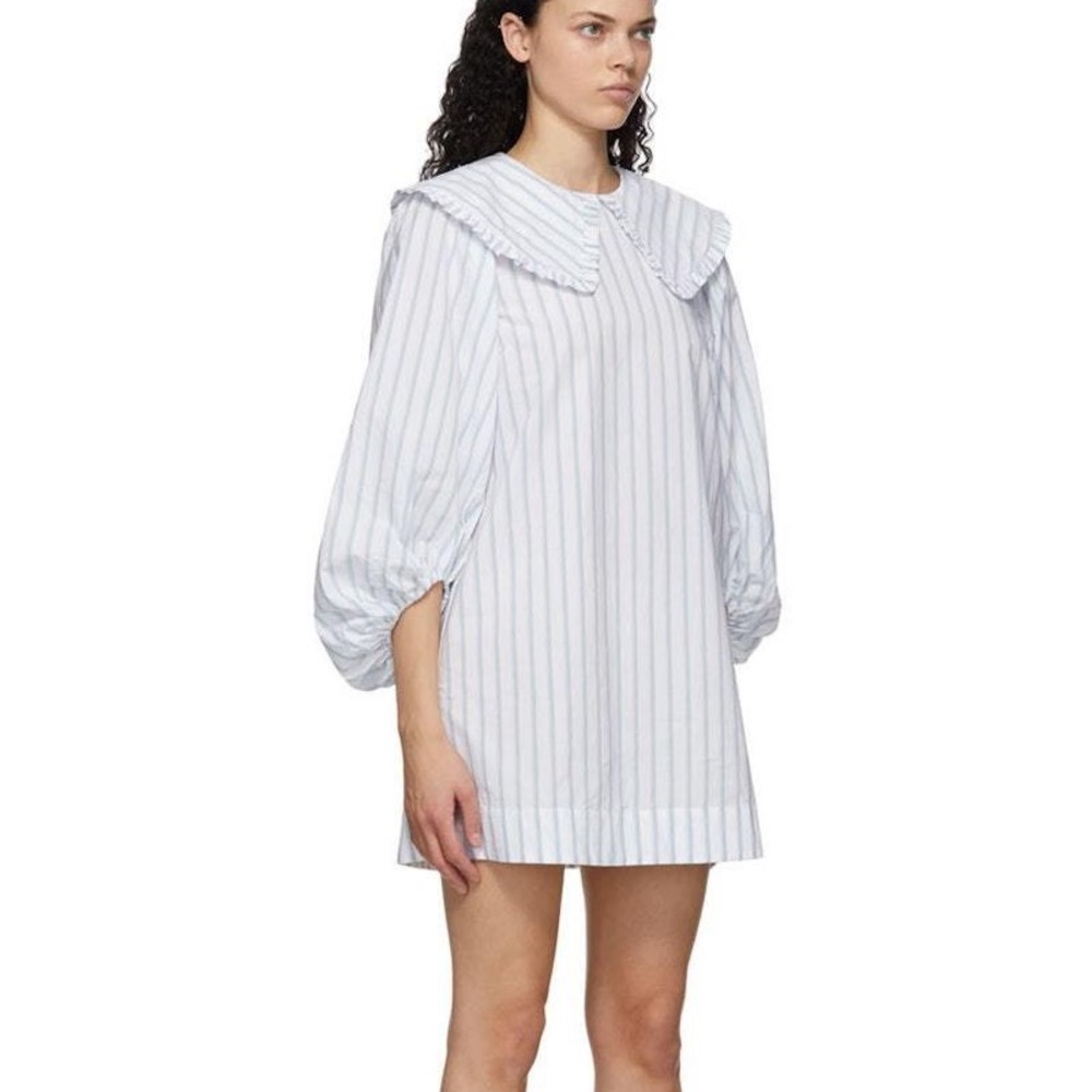 Ganni blue and white balloon sleeve dress